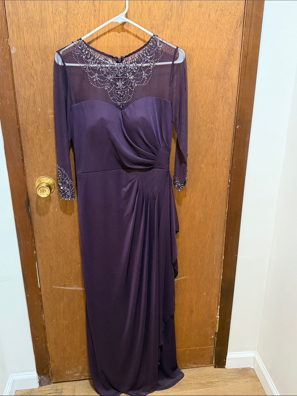 Xscape Plum Maxi Gown with Beaded Sheer Yoke